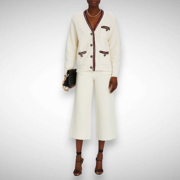 Self-Portrait Embellished Ivory Metallic Braided Knit Cardigan Sweater Sz Medium - Picture 2 of 14